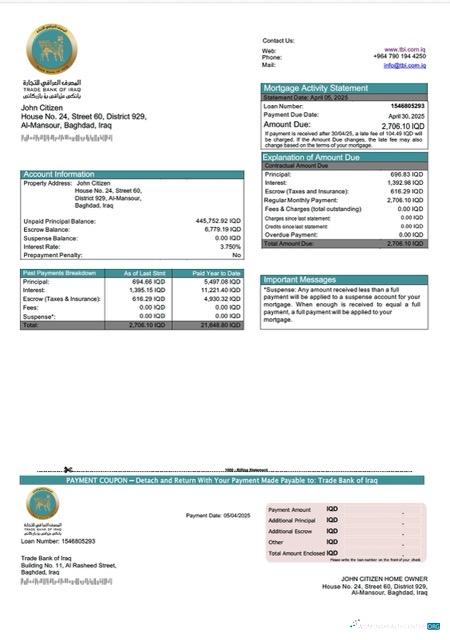 Download Iraq Trade Bank of Iraq mortgage statement Word and PDF template Photoshop template